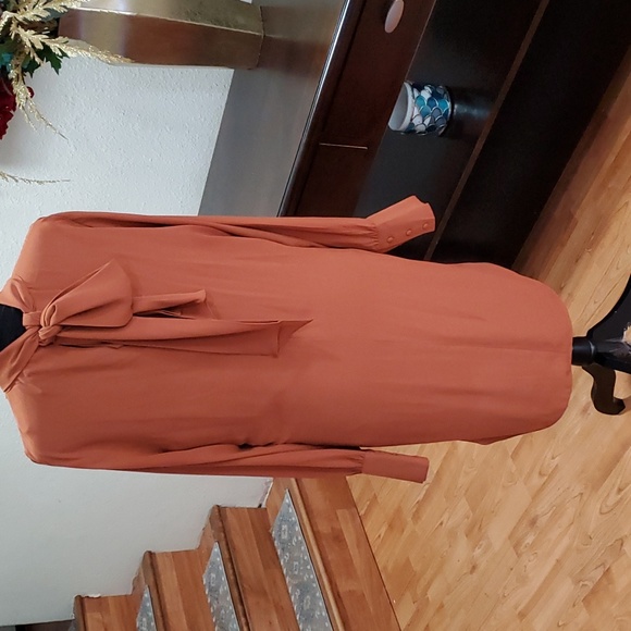 City Chic brown long sleeve pocket dress with long tie in back - Picture 4 of 7